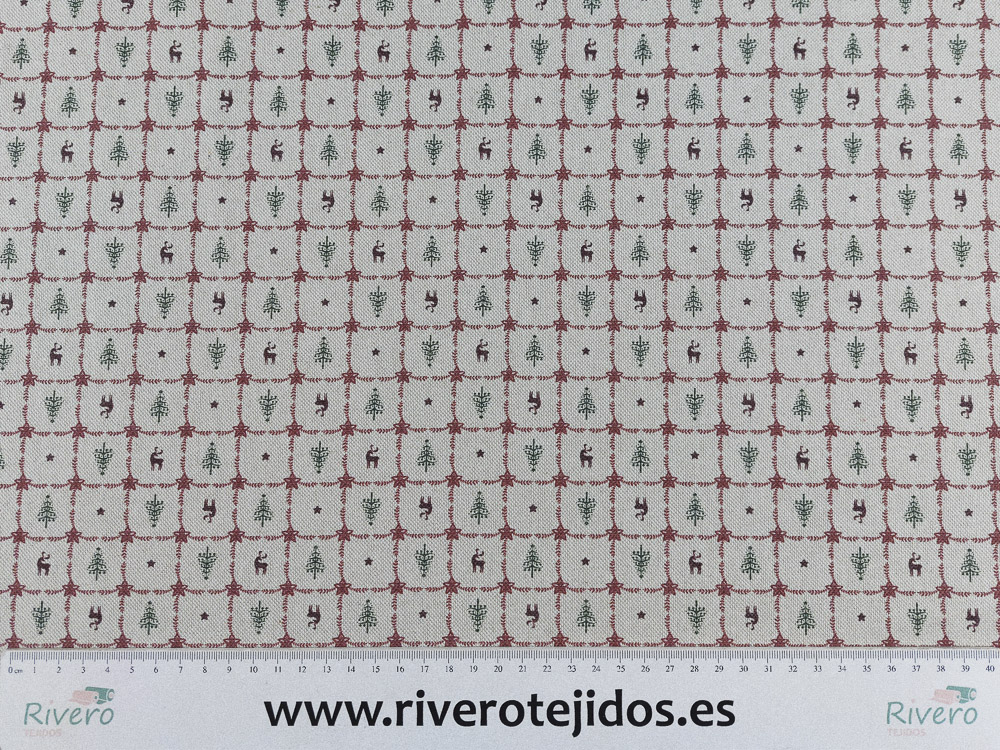 Popelín aspecto lino reno y árbol de navidad