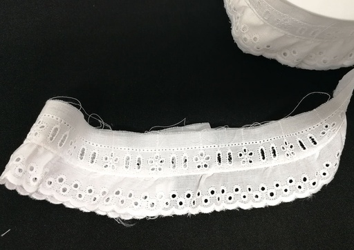 [29032/00] Tira bordada fruncida con pasacinta de círculos 4 cm blanca