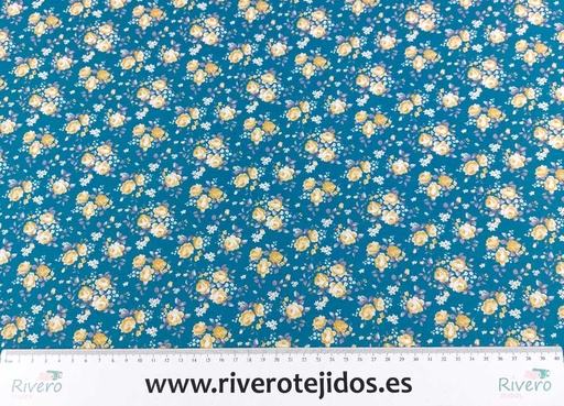 [ALG1080] Algodón 100% fondo azulón flor mostaza